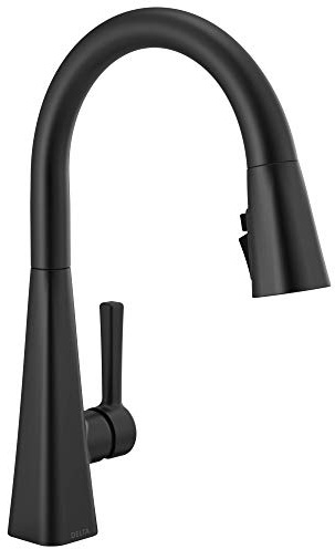 Delta Lenta Matte Black Kitchen Faucet with Pull Down Sprayer, Modern Single Hole Kitchen Sink Faucet, Single Handle, Matte Black 19802Z-BL-DST