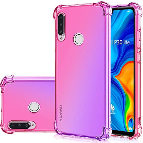 Jhxtech Schutzhülle für Huawei P30 Lite, Transparente süße Verlauf Handyhülle, Schlankes, kratzfestes Flexibles TPU Hülle, stoßfeste Schutzhülle für Huawei P30 Lite rosa/lila