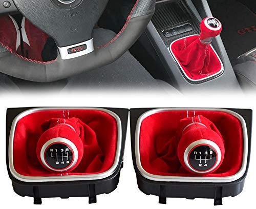 Hacreyatu Schaltknauf + Schaltsack + Rahmen - Rotes Wildleder- 6 Gang für Golf 5 Golf 6 MK5 MK6 R32 GTI 04-09 (6 Gang)
