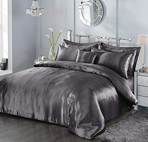 7 Piece Satin Sheets Super Soft Shiny Bedding Sets, 1 x Duvet Cover, 1 x Fitted Bed Sheet, 4 x Pillow Cases, 1 x Cushion Cover, Full Complete Bed Set (Grey, King)