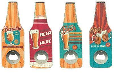 Lote de 4 Decorativos Abridores de Madera con Forma de Botellas Cerveza Surtidos. Recuerdos. Destapadores. Regalos Originales. Detalles de Bodas, Comuniones, Bautizos, Cumpleaños. 7 x 0,90 x 20 cm