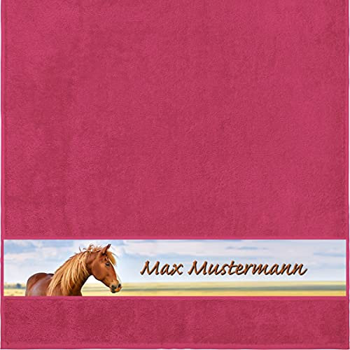 Manutextur Duschtuch mit Namen - personalisiert - Motiv Pferd 1 - viele Farben & Tiermotiven - Dusch-Handtuch - Fuchsia - Größe 70x140 cm - persönliches Geschenk mit Wunsch-Motiv und Wunsch-Name