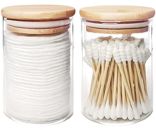 ZYIGYI 2 Stück Glas-Qtip-Halter mit Holzdeckel, 284 ml Apothekergläser, Wattestäbchen-Spender, Wattepads, Kanister für Badezimmer-Aufbewahrungs-Organizer