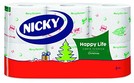 Nicky Happy Life Weihnachten Toilettenpapier 42 Rollen mit 170 Tränen 3-lagiges Papier Leicht zu öffnen 4 Designs mit Weihnachtsdekorationen Weich und Langlebig Frohe und Festival FSC Papier