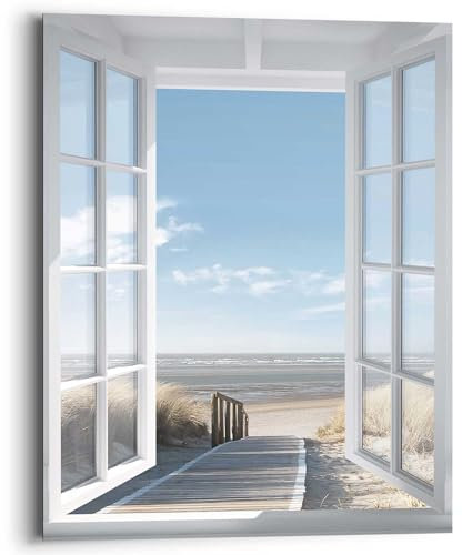 REINDERS Wandbild, Fensterblick Nordsee, Home Office, Bilder, Wanddeko, Room Decor, MDF, Blau, 50x40cm