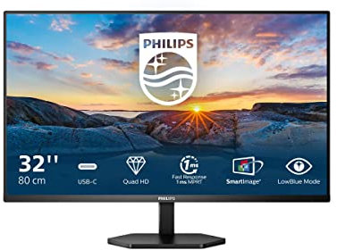 PHILIPS 32E1N3600LA 32 Inch QHD Monitor, 75Hz, VA, USB-C, Speakers, USB HUB, Flicker Free, FreeSync (2560 x 1440 @75Hz HDMI 1.4/ DP 1.2 USB-C/USB 3