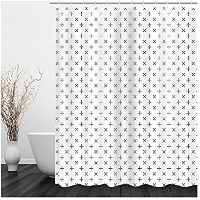 Banemi Neasow Duschvorhang, Duschvorhang Textil Inklusive Ringe Weiß Schwarz Rechenzeichen +, X 165X180cm für Eck Dusche mit 12 Duschvorhangringen