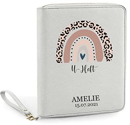 Organizer mit Namen personalisiert | Motiv Regenbogen Rosé Leo Optik | Familienorganizer Mutterpasshülle Dokumententasche U-Heft Unterlagen Impfpass (grau)