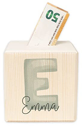 Personalisierte Spardose Buchstabe Mint für Kinder - Aus Holz - 10x10 cm Geburt, Geburtstag, Einschulung, Taufe - Sparschwein Aquarell Motiv für Jungen & Mädchen hellomini
