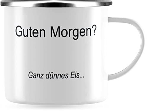 JUNIWORDS Emaille-Tasse, Guten Morgen? Ganz dünnes EIS, Silberner Tassenrand (1008537)