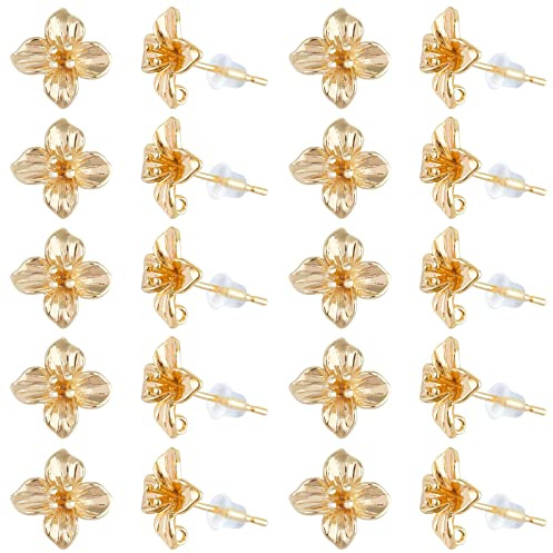SUPERFINDINGS 20 orecchini a perno in ottone a forma di fiore con anello placcati in oro 18 carati, con 20 dadi in plastica per la creazione di gioielli fai da te, foro: 0,9 mm, perno: 0,8 mm