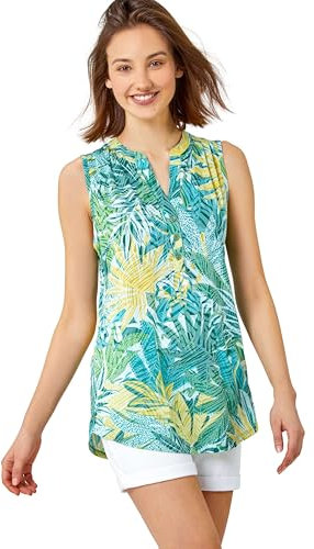 Roman Originals Sleeveless Shirt for Women UK Ladies Vest Tank Top Summer Smart Blouse Stretchy Jersey T-Shirt Casual Spring Holiday Party Beach Vacation Notch Neck - Green Teal - Size 12