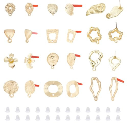 PandaHall 48 Stück Ohrstecker Mit Schleifen, 12 Styles Goldene Ohrringpfosten Legierungs-Ohrring-Verschlüsse Mit 0.7 mm Pin-Ohrring-Komponenten Mit Ohrmuttern Ohrstecker-Zubehör Für Die DIY-Handwerks