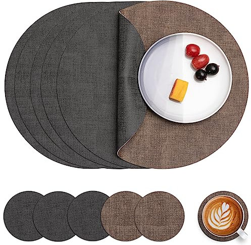 Myir JUN Tischsets Abwaschbar Leder und Untersetzer, Doppelseitigen Platzset Rund Ø 36cm 6er Set rutschfest Glasuntersetzer Platzdeckchen Leder Kunstleder Tischset (Grau Braun, 6er Set)