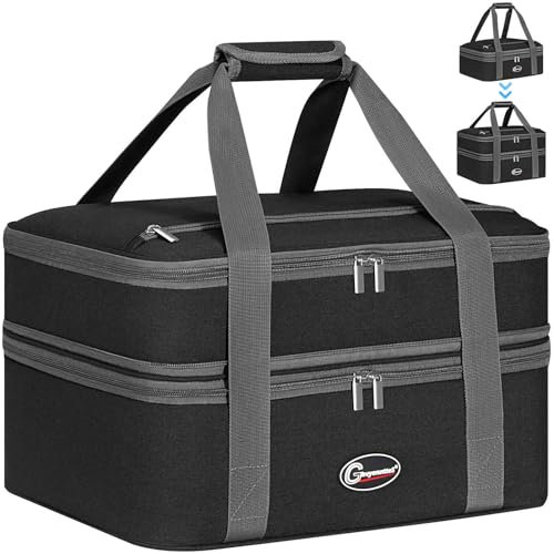 GhvyenntteS Double Insulated Casserole Carriers for Hot or Cold Food, Expandable Insulated Food Carrier, Large Hot Food Carrier for Parties, Picnic, Travel, Fits 9x13 Baking Dish, Black
