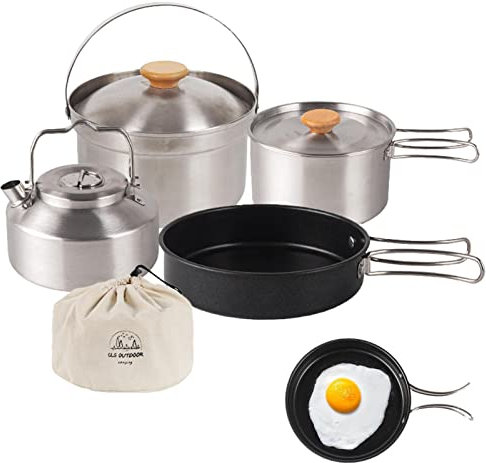 Camp-Kochgeschirr-Set, Kochgeschirr-Camping-Set für Camping im Freien, 4-teiliges Outdoor-Kochgeschirr-Set, Outdoor-Töpfe und Pfannen aus Edelstahl, antihaftbeschichtete Bratpfanne für Bergsteigen