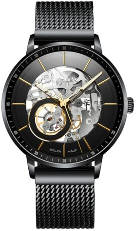 SOLLEN Herren Skelett Uhr Automatik Mechanische Uhr Minimalistisch Wasserdicht 3 ATM 30 Meter Herren Casual Uhr mit Edelstahl Mesh Armband - 42mm, Schwarzes Gehäuse | Schwungrad, Skelett, SL316-1