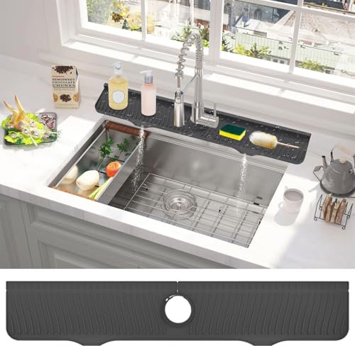 32 Inch Kitchen Sink Splash Guard, Silicone Faucet Water Catcher Mat, Longer Silicone Sink Faucet Splash Guard Mat, Sink Splash Guard for Kitchen, Bathroom, Farmhouse, Bar Black