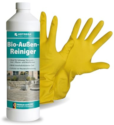 HOTREGA Bio-Außenreiniger 1L | Konzentrat gegen Verschmutzung | Inkl. | Selbsttätige Reinigung von Stein, Holz & WPC | Ohne Nachspülen | Reicht bis 100 m² | Schützt vor Neuverschmutzung auf