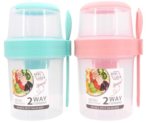 Joghurt Becher to Go, Müslibecher mit Deckel Löffel 2 Set Salatbecher to Go mit Löffel Porridge To Go, Obstbehälter Müslidosen Lunchpot zum Frühstück, Geeignet für Tiefkühler, Mikrowelle Spülmachine