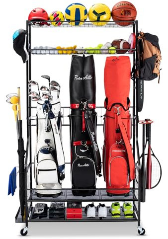 FHXZH Golf Bag Storage Garage Organizer, 3 Golf Bag Stand and Sports Equipment Storage Rack for Garage with Wheels, 4 Hooks, Golf Accessories Storage Rack with Extra Golf Clubs Display Rack