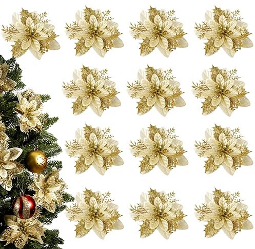 PEUTIER 24pcs Poinsettia Christmas Decorations, Faux Glitter Poinsettia Flowers Christmas Tree Ornaments Artificial Christmas Tree Flowers Decorations for Xmas Tree Wedding Home (Gold)