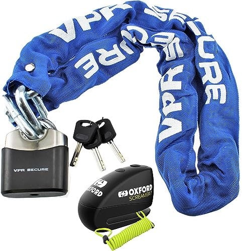 Oxford Screamer7 Motorcycle Alarm Disc Lock Sabre Blue Motorbike Security Chain Lock Anti-Theft Quad Bike Scooter Safety Kit with Free Disc-Lock Reminder Cable (180cm)