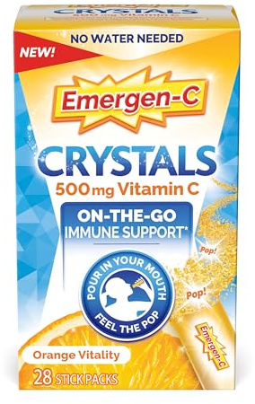 Emergen-C Crystals, On-the-Go Emergen-C Immune Support Supplement with Vitamin C, B Vitamins, Zinc and Manganese, Orange Vitality - 28 Stick Packs