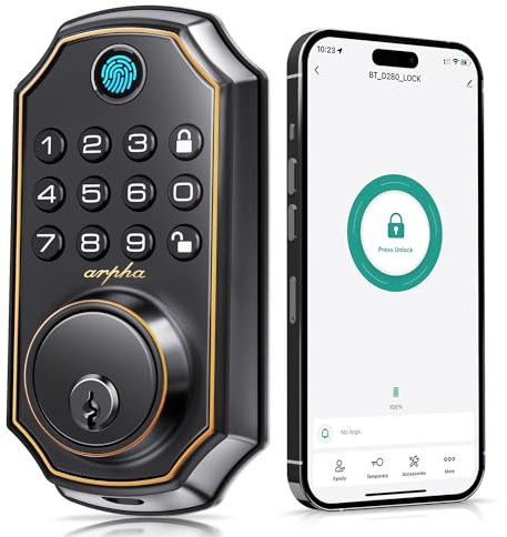 ARPHA Serratura per porta senza chiave D280, serratura intelligente 5 in 1 con impronta digitale, catenaccio con tastiera con 2 chiavi, blocco/sblocco con un tocco, blocco automatico, codice