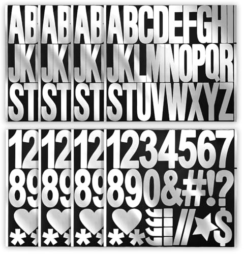 220St 8 Blatt Buchstaben Aufkleber und Zahlenaufkleber, 7,5cm Vinyl Buchstaben Aufkleber zum Aufkleben von Buchstaben und Zahlen für Bastelarbeiten Poster Fenster (Silber)