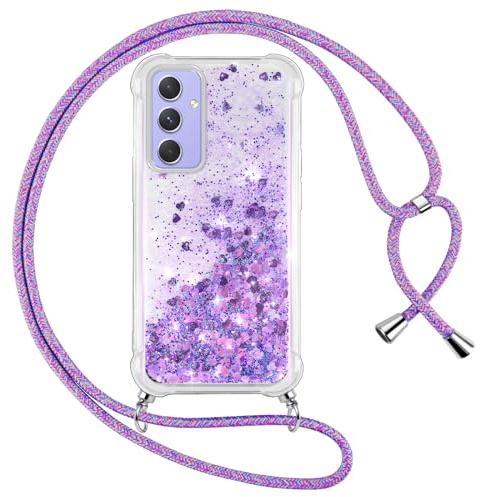 Vauki handyband für Samsung Galaxy A54 5G Hülle mit Band, Silikon Durchsichtig Transparent Flüssig Glitzer mit Kette Kordel Treibsand Necklace TPU Schutzhülle Case für Samsung A54 5G, Lila