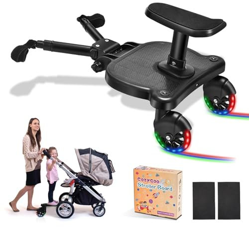 CozyGoo Universelles Kinderwagen-Board mit LED-Rädern, 2-in-1-Sitz- und Steh-Buggy-Board mit abnehmbarem Sitz, geeignet für 99 % der Kinderwagen, Kinderwagen-Zubehör für 2–6 Jahre alte Kinder, 25 kg