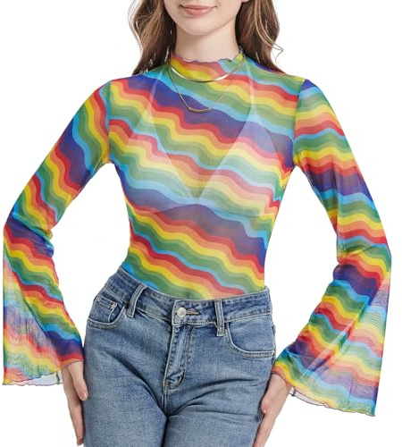 Durio 70s Womens Bell Sleeve Top Floral Tops for Women Disco Outfit Mock Neck Flare Tops Semi Sheer Mesh Long Sleeve Top