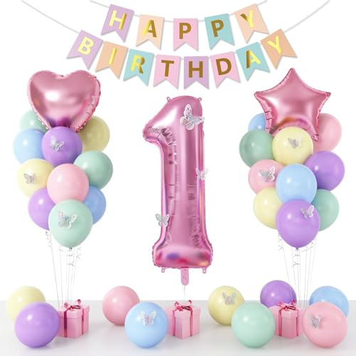 1st Birthday Decoration for Girls, Pastel Macaron 1st Birthday Balloon, Pink Number 1 Balloon with Butterfly Stickers, Star Heart Foil Balloons Banner Set for Baby 1 Year Old Party Decor