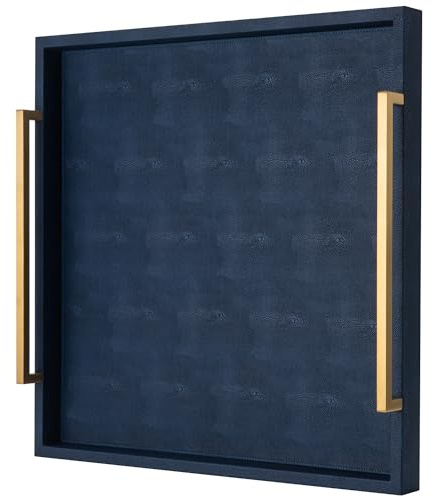 Large Navy Blue Decorative Tray for Ottoman,Stylish Rectangle Coffee Table Tray with Handles,Versatile Serving Tray for Living Room and Home Decor