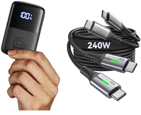 INIU Power Bank, 22.5W Fast Charging 10000mAh Battery Pack USB C Input & Output Portable Charger & 240W USB C to USB C Charger Cable, [2-Pack 2m] PD Type C Charge Cable