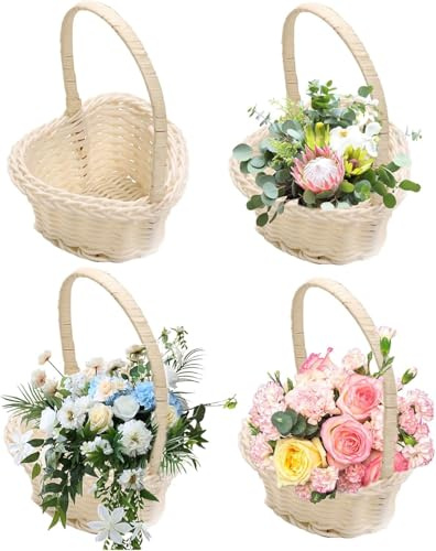 4 Stück Körbe Für Blumenmädchen - -Webkörbe Hochzeits-Blumenkorb | 10 X 12 Cm Herzförmiger Gewebter Korb Mit Griff | Kleine Weiden Rattan Korb Bespannt Herz Ablagekorb Osterkorb Partydekor