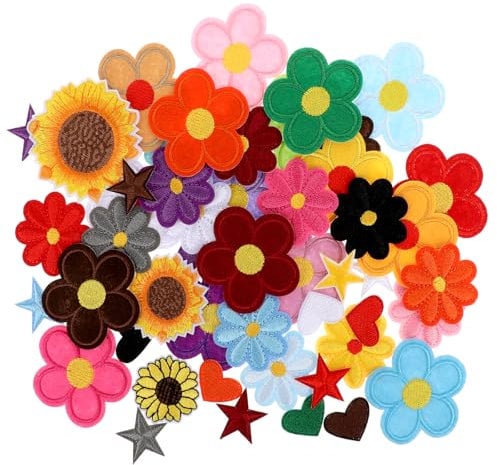 71 Stück Blumen Aufbügler Mini Herz Patches zum Aufnähen Aufnäher mit Stern Stickerei Applikationen Süße Bügelflicken für Jacken Jeans Hüte Rucksäcke Schuhe DIY