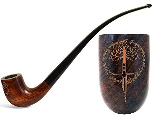 Long pear wood tobacco smoking pipe. Tolkien-Inspired engraving Broken Sword, Churchwarden pipes for 9mm Filter, Velvet Pouch gift. For tobacco use only. 10.2''/26cm