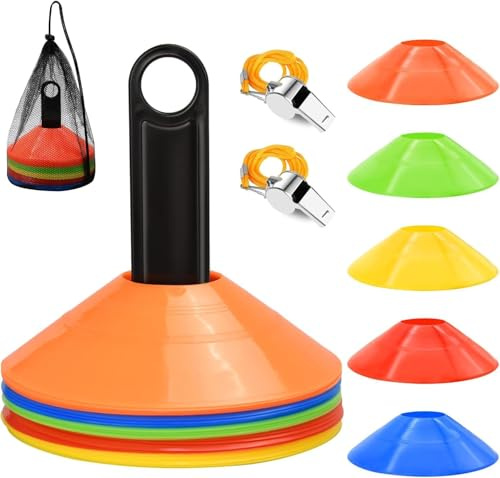 BUYUP Fußballkegel für das Training (25 PCs) mit Mesh Bag & Whistle | Flexible & Heavy Duty am besten für Fußball Basketball und Laufübungen Premium Qualitätsfußballtrainingskegel Sportkegel
