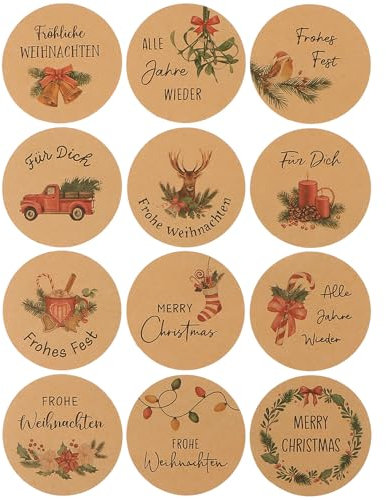MEJOSER 120 Stück 4cm Aufkleber Weihnachten 12 Motive Weihnachten Sticker Rund Weihnachtsaufkleber Weihnachtssticker Etiketten Selbstklebend Kraftpapier Geschenkaufkleber Weihnachtsdeko (C)