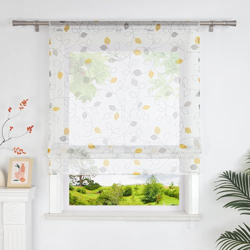 Heichkell Transparente Raffrollos mit Blätter Druck Voile Raffgardine ohne Bohren Landhaus Gardine Raffrollo mit Tunnelzug Gelb BxH 140x140 cm