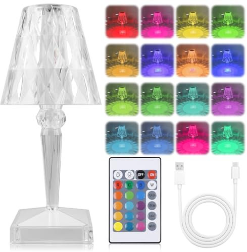 Lampada da tavolo a LED in cristallo, lampada da comodino, in acrilico, con diamante, RGB e USB, ricaricabile, senza fili, touch dimmerabile, con telecomando, 16 colori e 4 modalità, luce notturna a