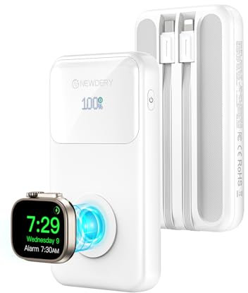 NEWDERY 10000mAh Magnetic Power Bank para Apple Watch Cargador con Cables, Carga Rápida Estación de USB C Paquete Baterías Viaje para iPhone Series 16/15/14/13/12, para iWatch Ultra/9-1, Negro