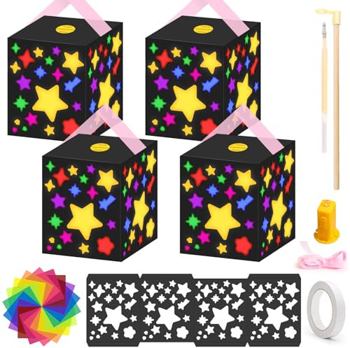 MXTIMWAN 4 Stück Laternen Bastelsets Kinder, Martin Laterne Basteln Kreativset mit Dekorative Lichter, Sterne Kreativset Papierlaternen Bastelset für Jungen Mädchen Winter Party Deko (10 x 10,5 cm)