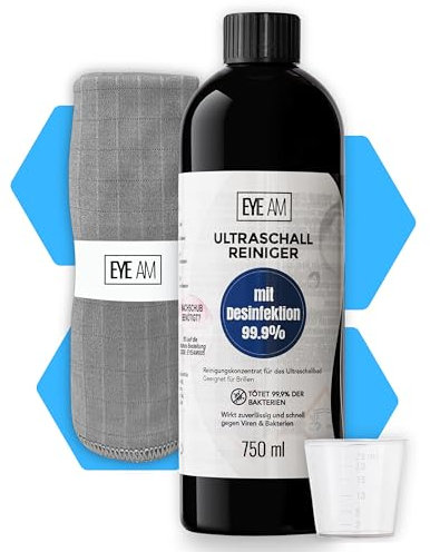 NEUHEIT: Ultraschallreiniger Konzentrat MIT DESINFEKTION inkl. Mikrofasertuch | Hygienische Brillenreinigung, auch gegen Viren und Bakterien (1 x 750ml)