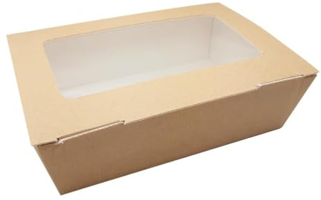 Huhtamaki Taste Large Food to Go Box (with Window) (Pack 180) | Secure lock-in tabs prevent leaks during transport, with a clear window for easy content visibility.