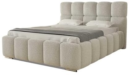 AGMAT-FURNITURE POLSTERBETT Luna mit Kopfteil, 140 x 200 cm, Doppelbett mit Bettkasten und Lattenrost aus Metall, Boucle Stoff: Beige