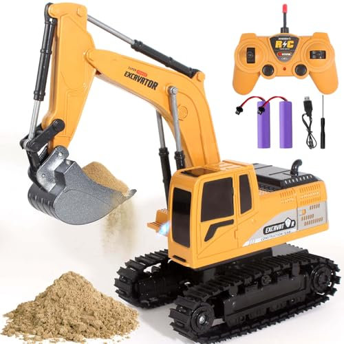 Jiakora Escavatore Telecomandato per Bambini, Escavatori Radiocomandato con Spalletta in Metallo, Escavatore giocattoli per Ragazzi con luci e Suoni, Sand Digger Regali per Bambini dai 4-8 Anni
