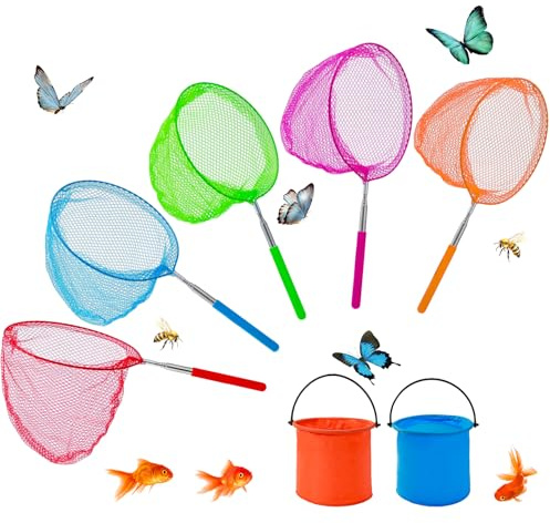 YORFULL Kescher Kinder, Teleskop Kinder Kescher, 7-teiliges Set Enthält 5 Schmetterlingsnetz und 2 Faltbaren Eimer, Fischernetz Kinder Zum Fangen von Insekten Bugs Angeln Fische Garten Pool Outdoor